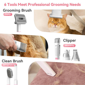 6-in-1 Dog Grooming Kit, Pet Grooming Vacuum for Shedding, Dog Hair Vacuum with Clipper Nail Trimmer Grinder, Pet Brush Groomer at Home, Low Noise Cats Hair Remover, 1.5L Dust Cup, Pink