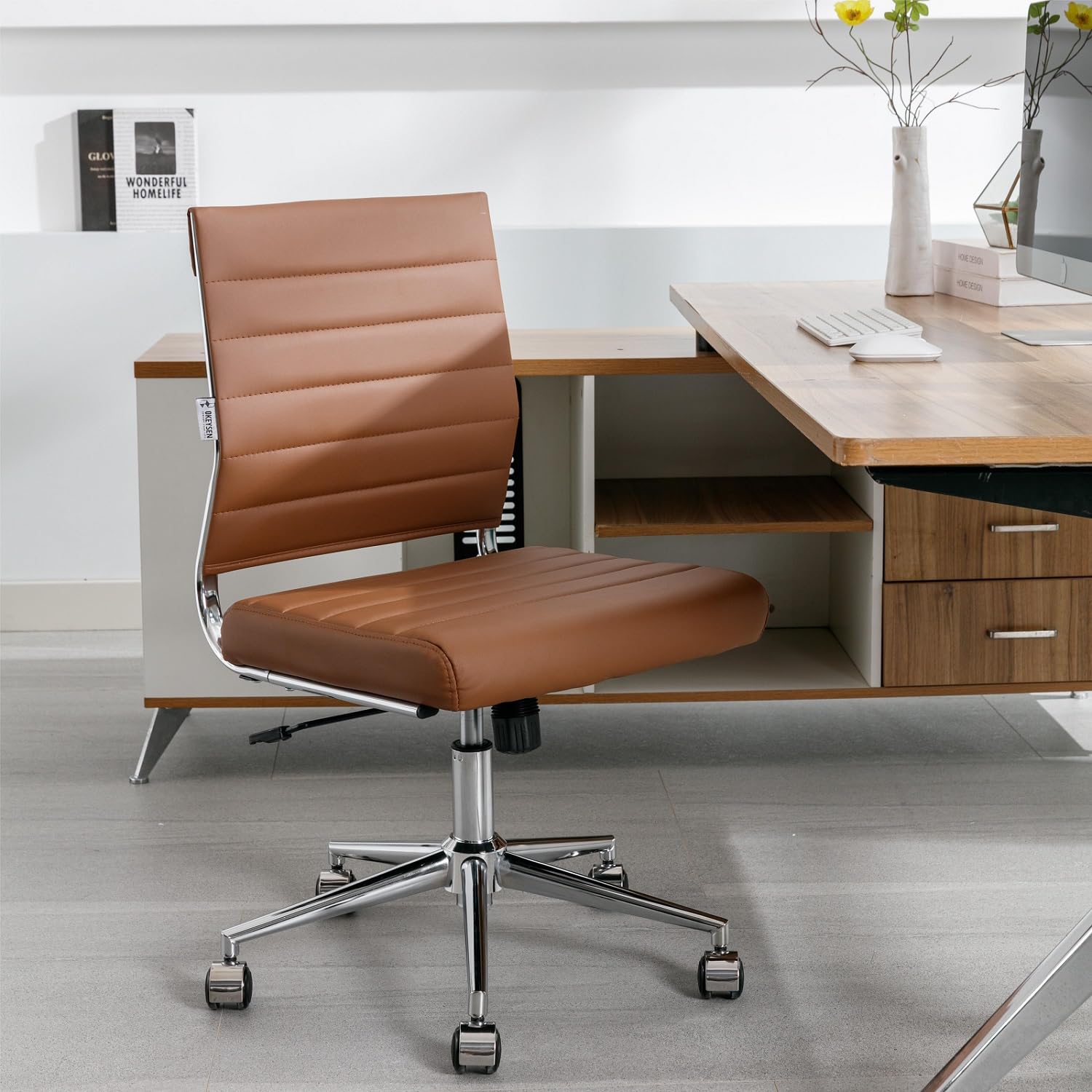 Brown Armless Office Desk Chair, Mid Back Ergonomic Swivel Conference Room Chairs, Adjustable Height PU Leather Home Desk Chair, Modern Small Rolling Computer Task Chair