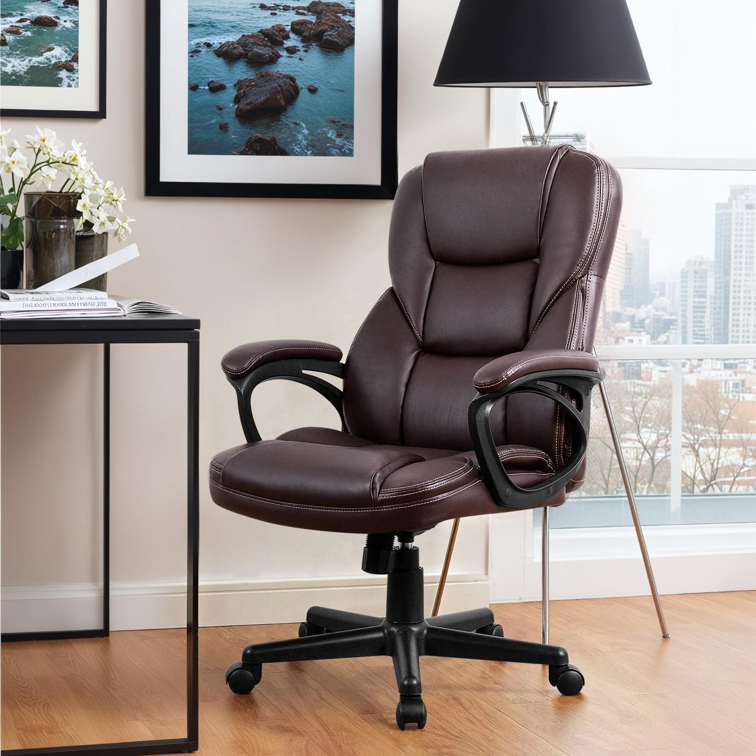 Office Executive Chair High Back Adjustable Managerial Home Desk Chair, Swivel Computer PU Leather Chair with Lumbar Support (Brown)