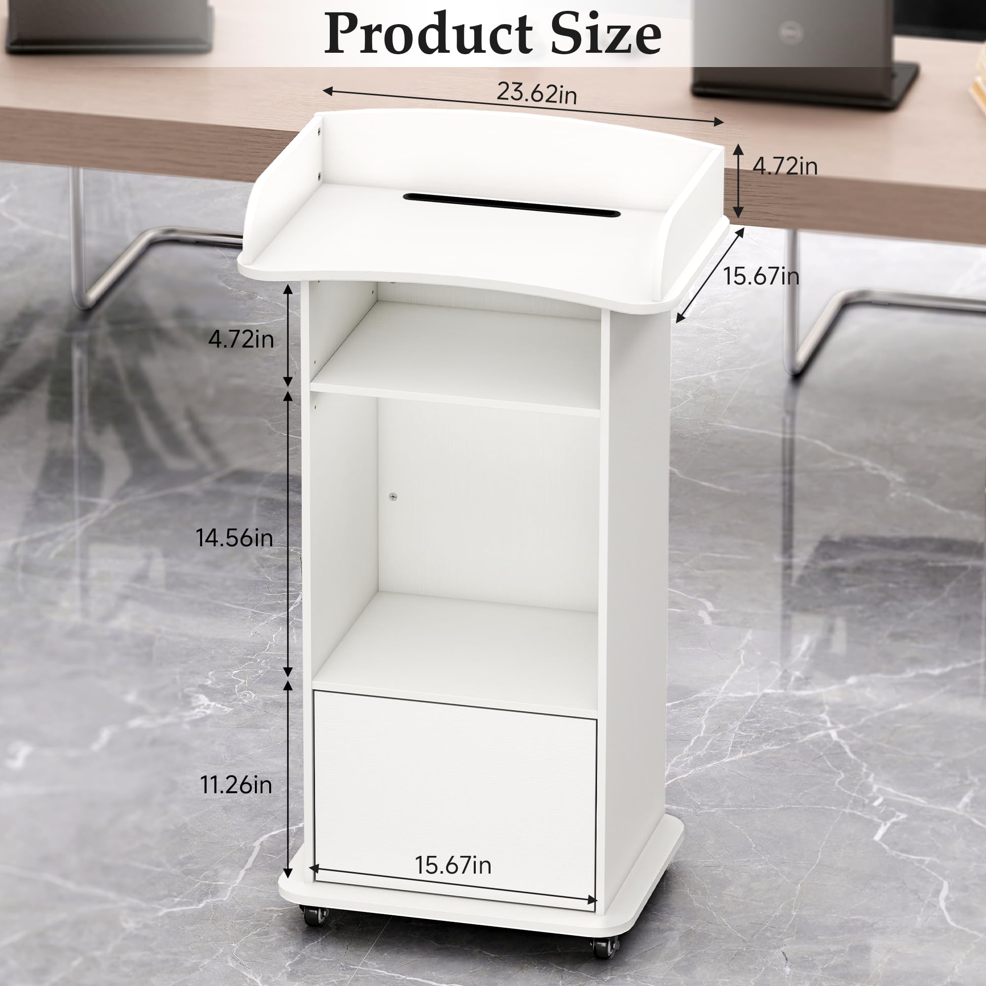 Portable Podium Stand with 4 Metal Wheels, Mobile Lectern Stand with Storage for Church Classroom Restaurant Reception Office Presentation, Wooden Pulpit Desk for Hostess Teacher (White)