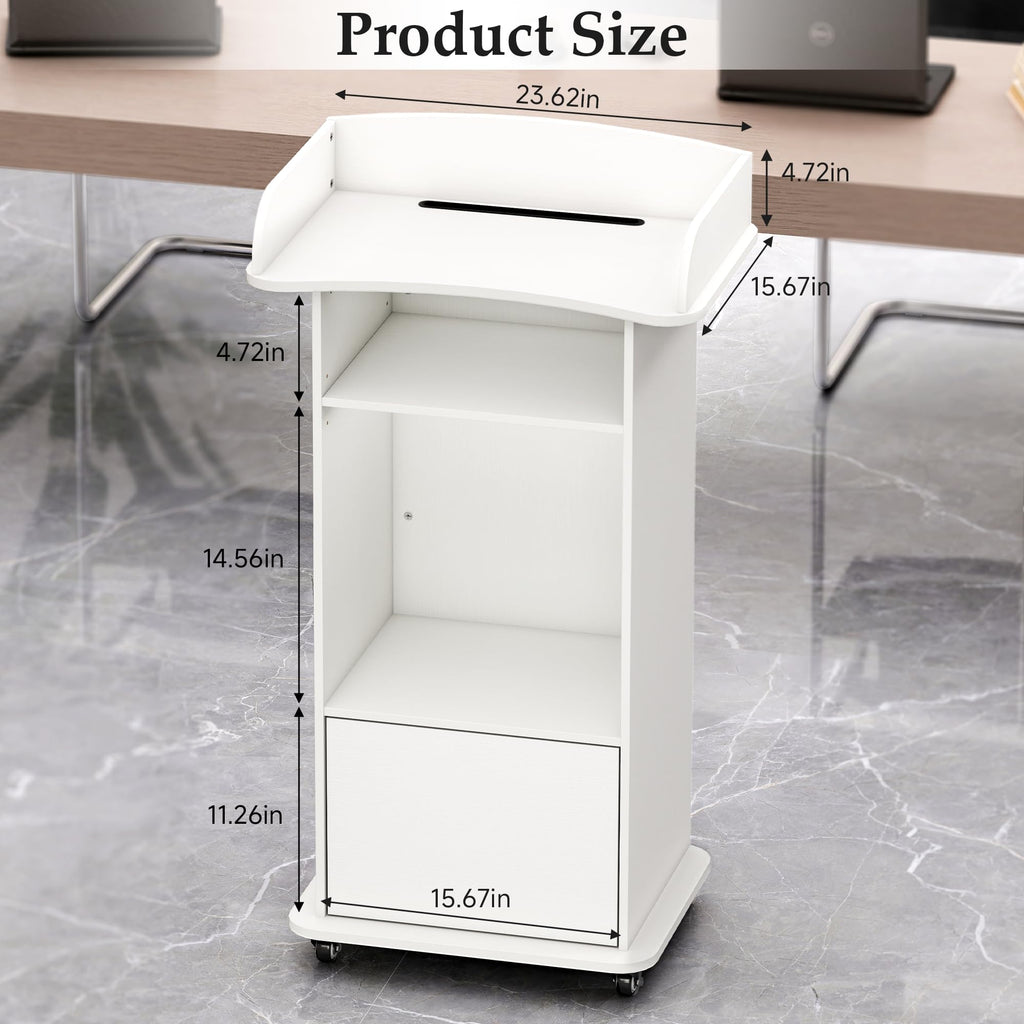 Portable Podium Stand with 4 Metal Wheels, Mobile Lectern Stand with Storage for Church Classroom Restaurant Reception Office Presentation, Wooden Pulpit Desk for Hostess Teacher (White)