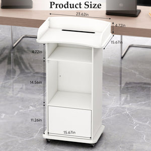 Portable Podium Stand with 4 Metal Wheels, Mobile Lectern Stand with Storage for Church Classroom Restaurant Reception Office Presentation, Wooden Pulpit Desk for Hostess Teacher (White)