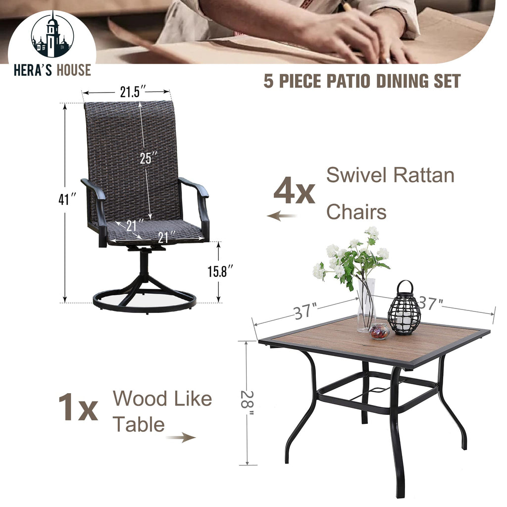 5 Pieces Patio Dining Set, Outdoor Dining Set for 4, 4 x Swivel Rattan Dining Chair, 1 x 37” Square Wood Like Dining Table, for Lawn Garden Backyard Deck