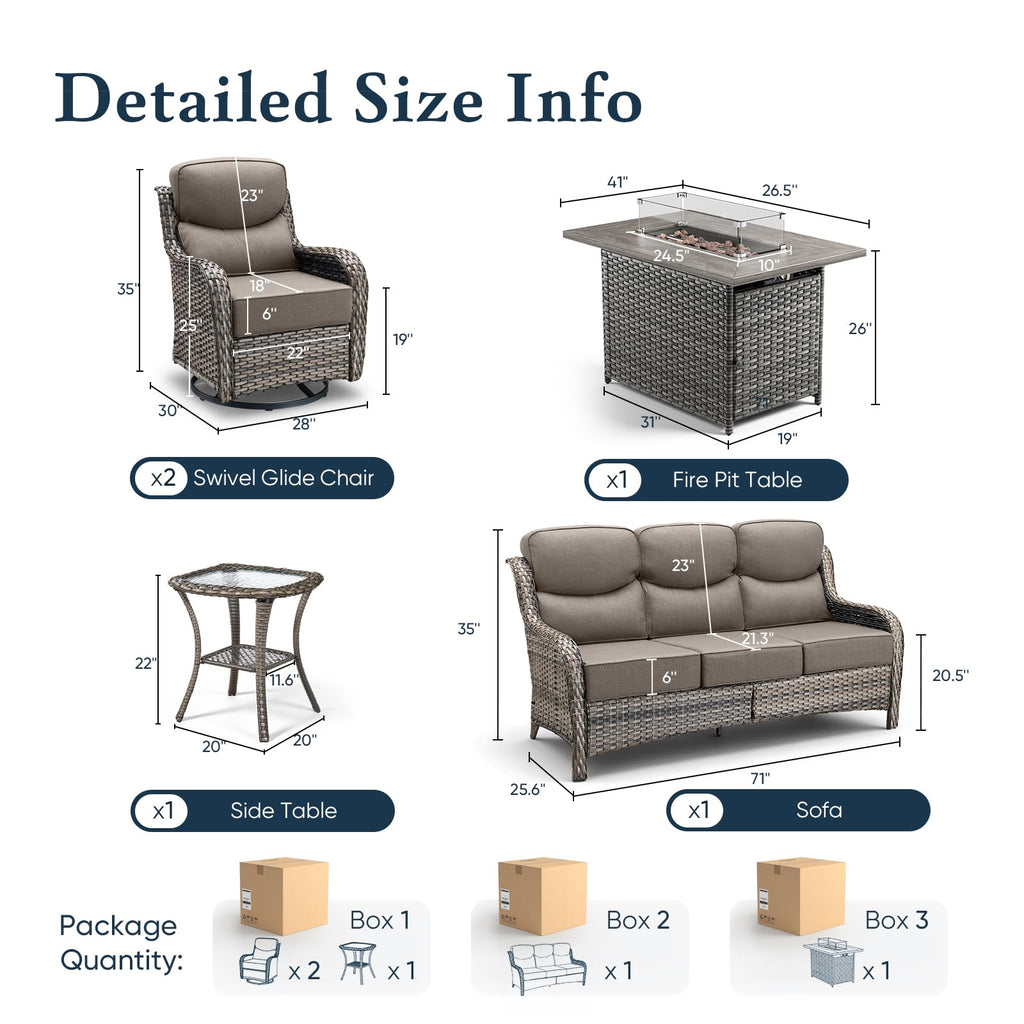 Luxury 6" Thick Cushioned 5 Pieces Patio Furniture Set with Fire Pit Table, Wicker Outdoor Conversation Set with High Back Swivel Rocker Chairs for Deck Porch Yard and Poolside - Grey+Grey