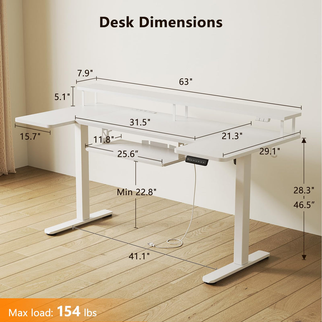 U Shaped Electric Standing Desk with Keyboard Tray, 63 Inch Height Adjustable Desk with Power Outlets & LED Lights, Sit Stand Table with Monitor Stand for Home, Office, White