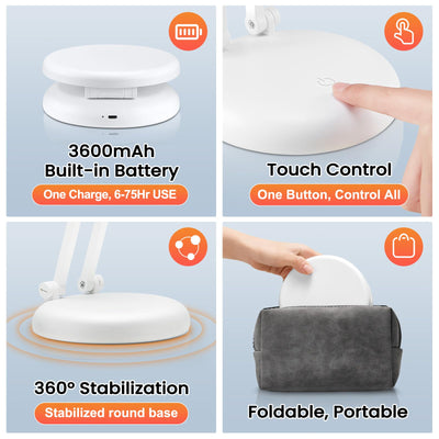 Cordless Desk Lamp,Dimmable Small Battery Powered Lights,3600mAh Rechargeable Wireless Table Lamp,Mini Lamp&Portable Light for Bed,Book Reading,Home for Small Spaces,Nail Light,Craft,Office