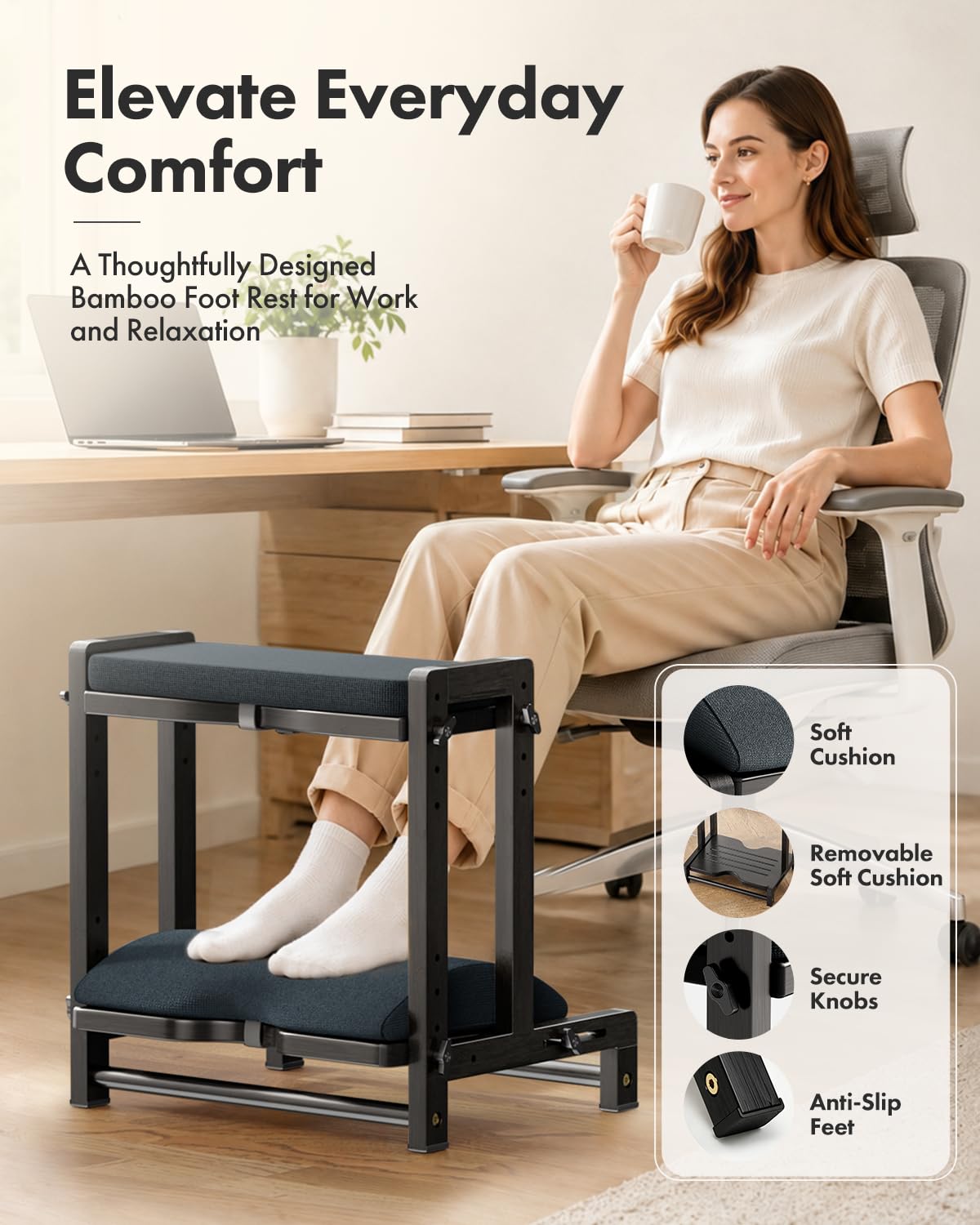 Double Step Foot Rest for Under Desk, 4 Adjustable Heights Bamboo Under Desk footrest with Soft Cushion, Dual-Layer Desk Foot Stool for Office Home Gaming, Natural Wood Foot Rests for Work