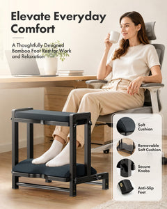 Double Step Foot Rest for Under Desk, 4 Adjustable Heights Bamboo Under Desk footrest with Soft Cushion, Dual-Layer Desk Foot Stool for Office Home Gaming, Natural Wood Foot Rests for Work
