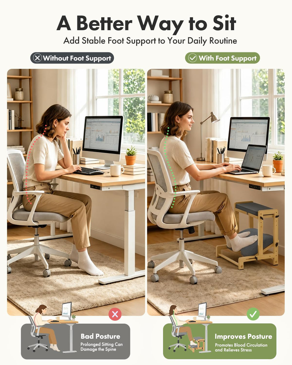 Double Step Foot Rest for Under Desk, 4 Adjustable Heights Bamboo Under Desk footrest with Soft Cushion, Dual-Layer Desk Foot Stool for Office Home Gaming, Natural Wood Foot Rests for Work