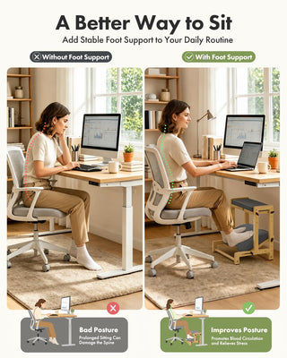 Double Step Foot Rest for Under Desk, 4 Adjustable Heights Bamboo Under Desk footrest with Soft Cushion, Dual-Layer Desk Foot Stool for Office Home Gaming, Natural Wood Foot Rests for Work