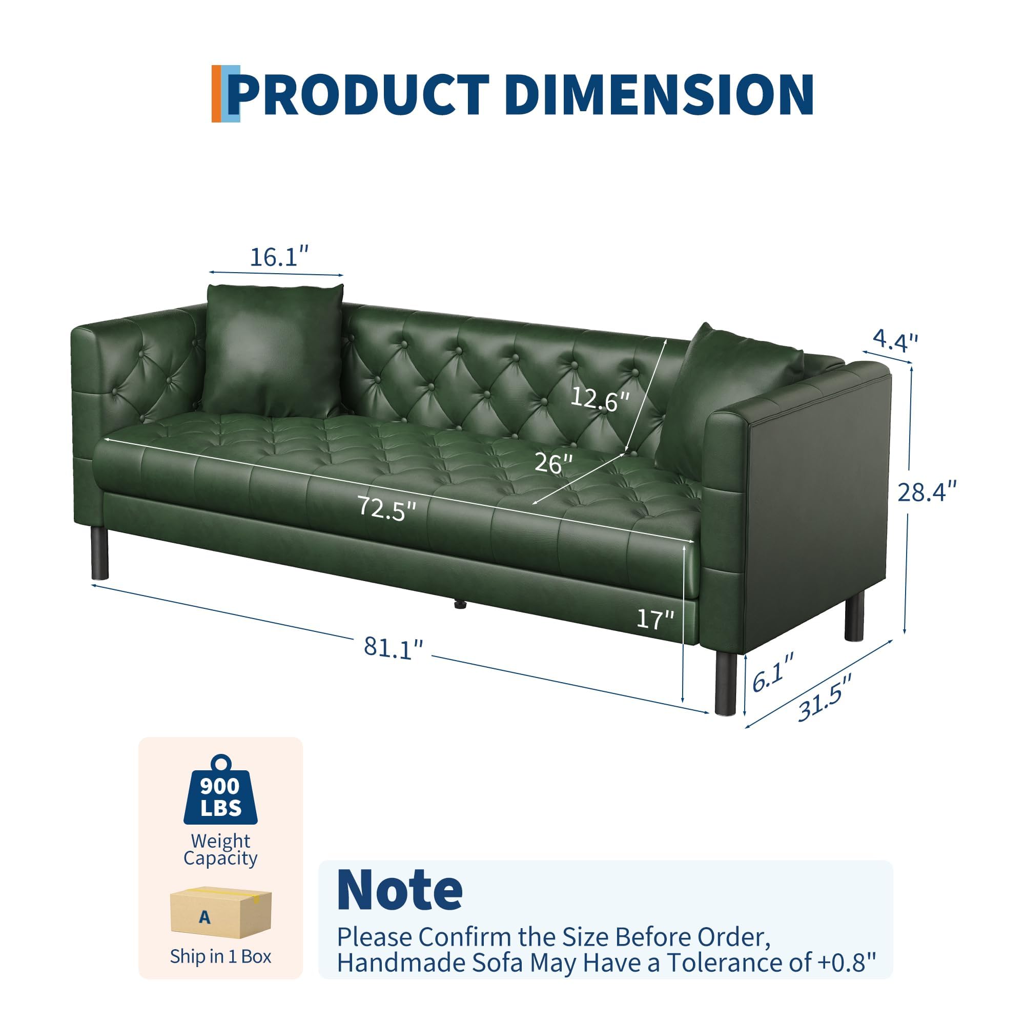 81 in Leather Couch for Living Room, Modern Sofa Couch with Deep Seat, Handmade Button Tufted 3 Seater Sofa, Leather Sofa for Apartment, Office, Green