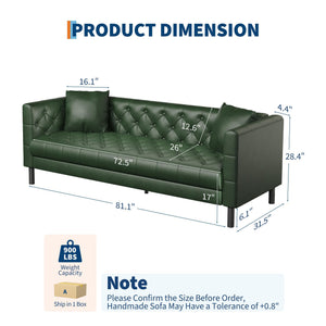 81 in Leather Couch for Living Room, Modern Sofa Couch with Deep Seat, Handmade Button Tufted 3 Seater Sofa, Leather Sofa for Apartment, Office, Green