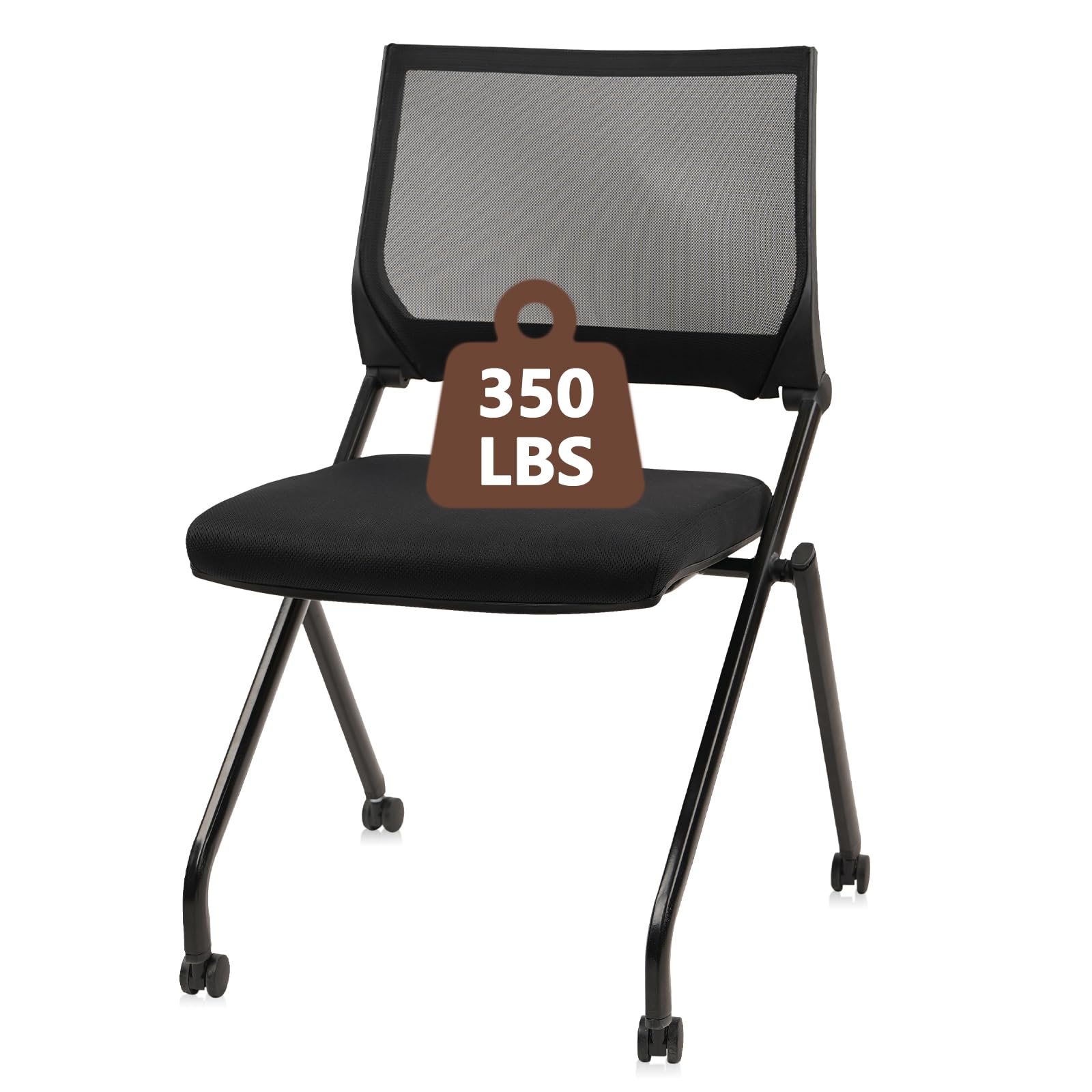 Stackable & Foldable Chairs with Wheels, Reception Guest Chairs with Lumbar Support, Ergonomic Mesh Back Folding Chair for Office Meeting Schools Training Conference Waiting Room, Black