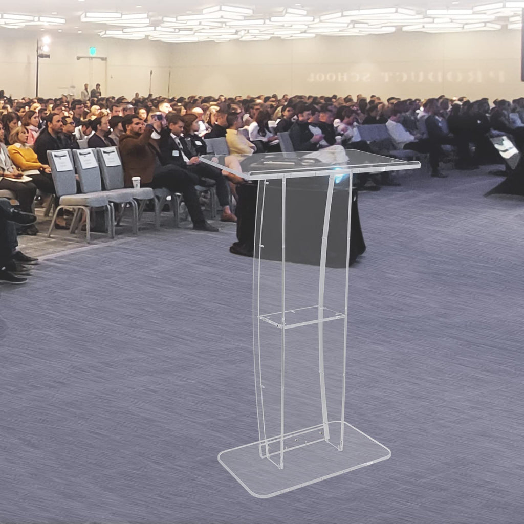 Acrylic Podium, 47" Clear Acrylic Podium Stand with Wide Reading Surface & Storage Shelf, Floor-Standing Clear Pulpits Acrylic for Church Office School