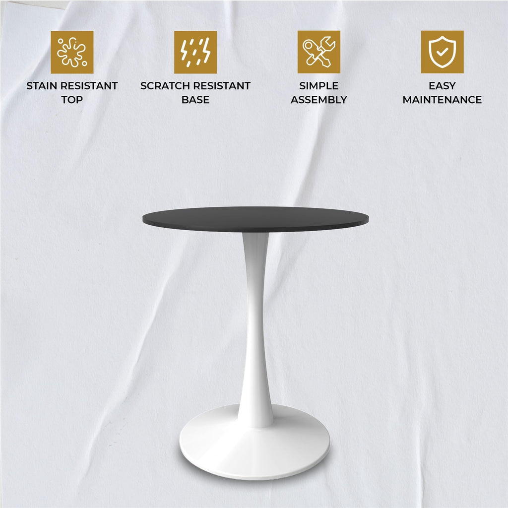 24" Wide Round Dining Table, Modern MDF Wood Top & White Metal Pedestal Base Gloss Finish Accent Table Mid-Century Café Table, Kitchen Dining Room Furniture, Black