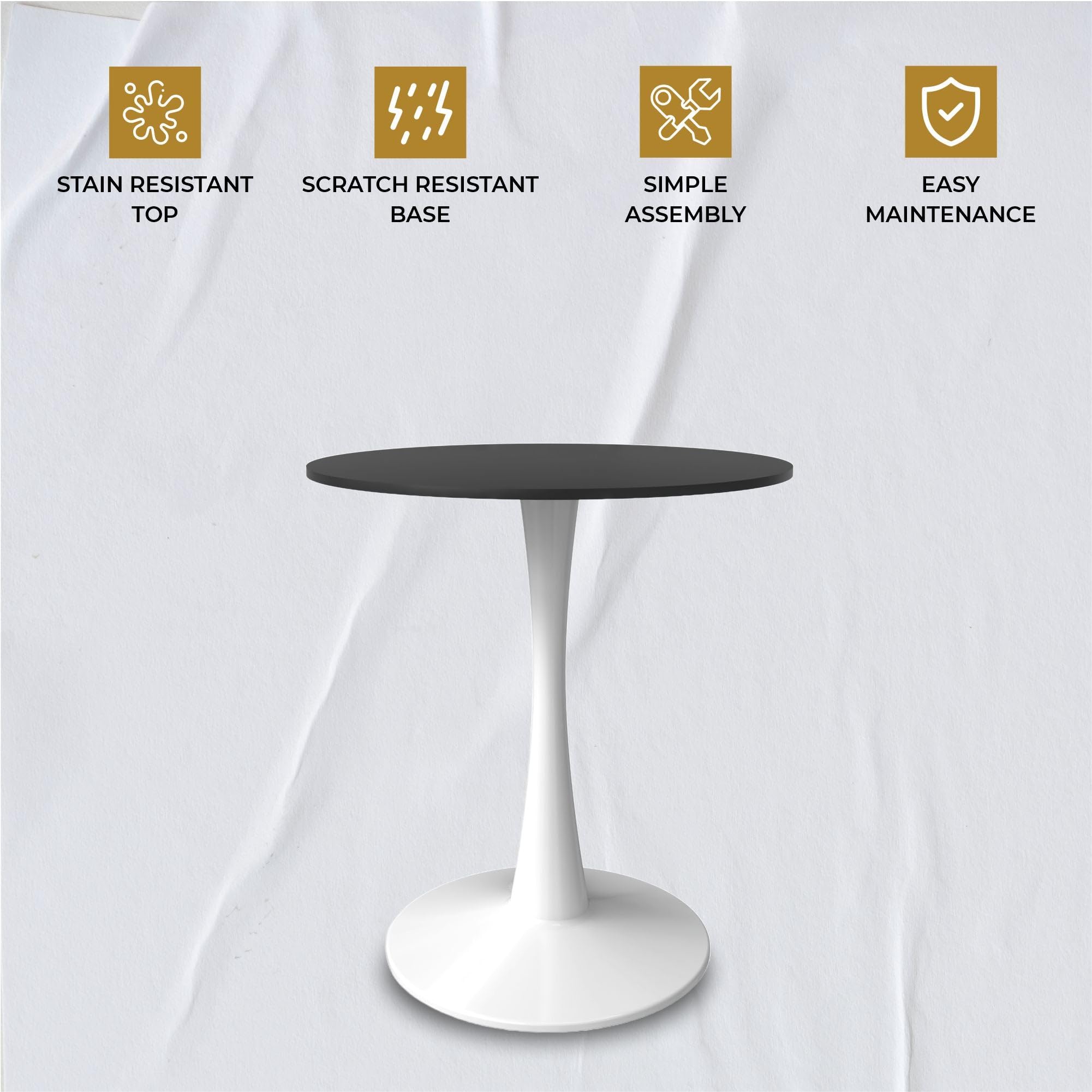24" Wide Round Dining Table, Modern MDF Wood Top & White Metal Pedestal Base Gloss Finish Accent Table Mid-Century Café Table, Kitchen Dining Room Furniture, Black