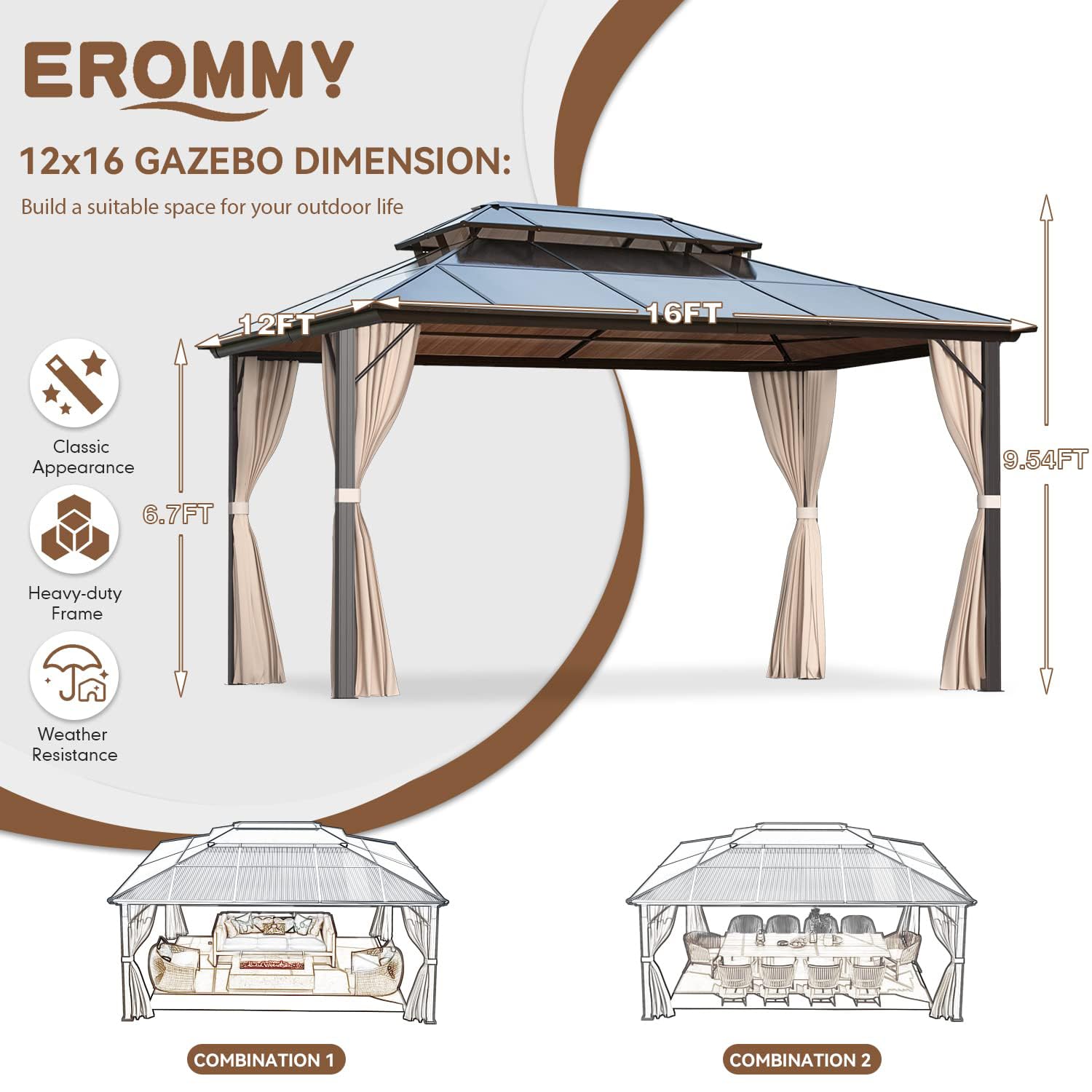 12'x16' Gazebo Polycarbonate Double Roof Pavilion Gazebo Outdoor Aluminum Frame Canopy with Netting and Curtains for Garden Patio Lawns Parties