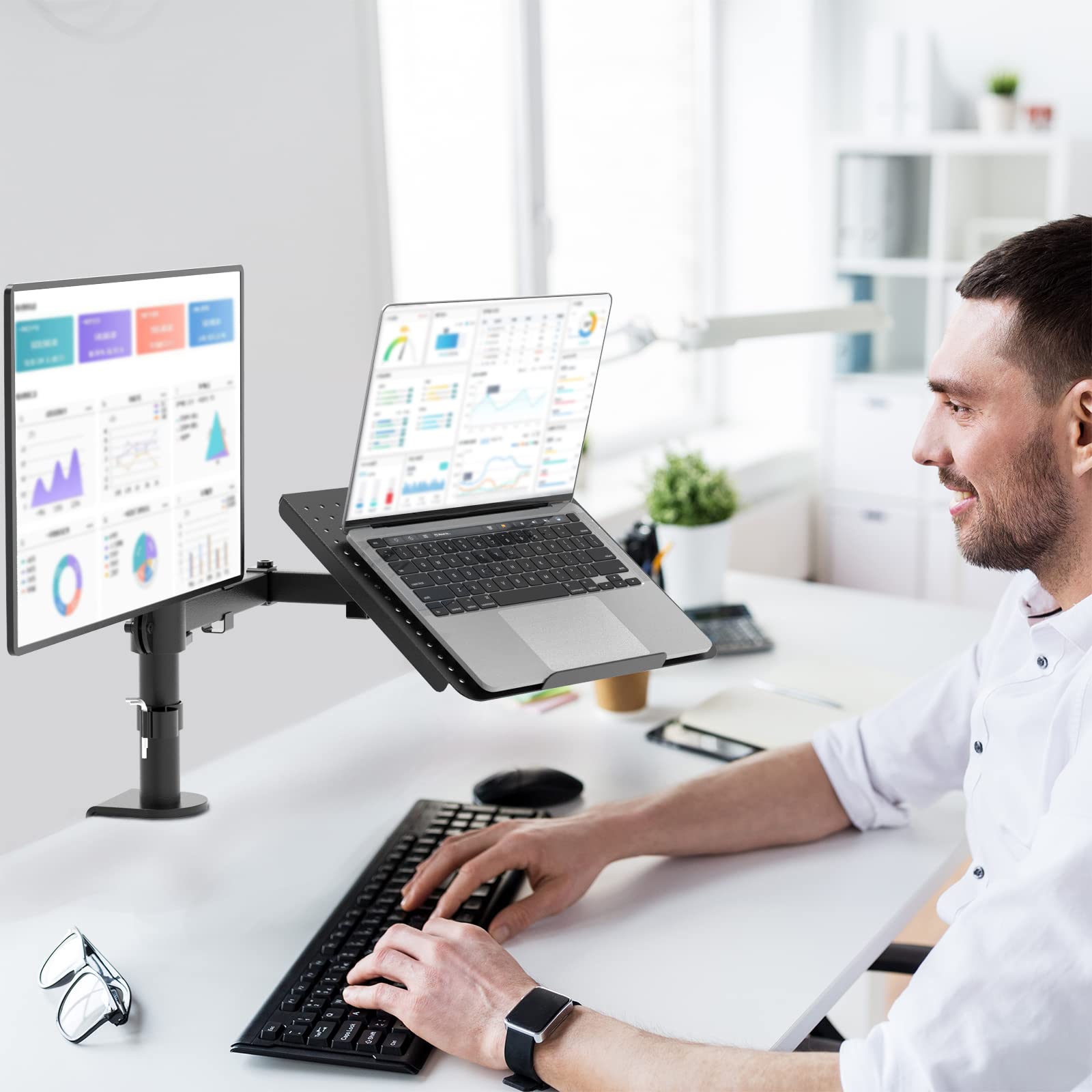 Dual Arm Laptop and Monitor Desk Mount for 17" Notebook and Up to 27" Screen, Fully Adjustable Monitor Arm with Laptop Tray, VESA 75x75 100x100, Holds up to 22 lbs, Black (M001LP)
