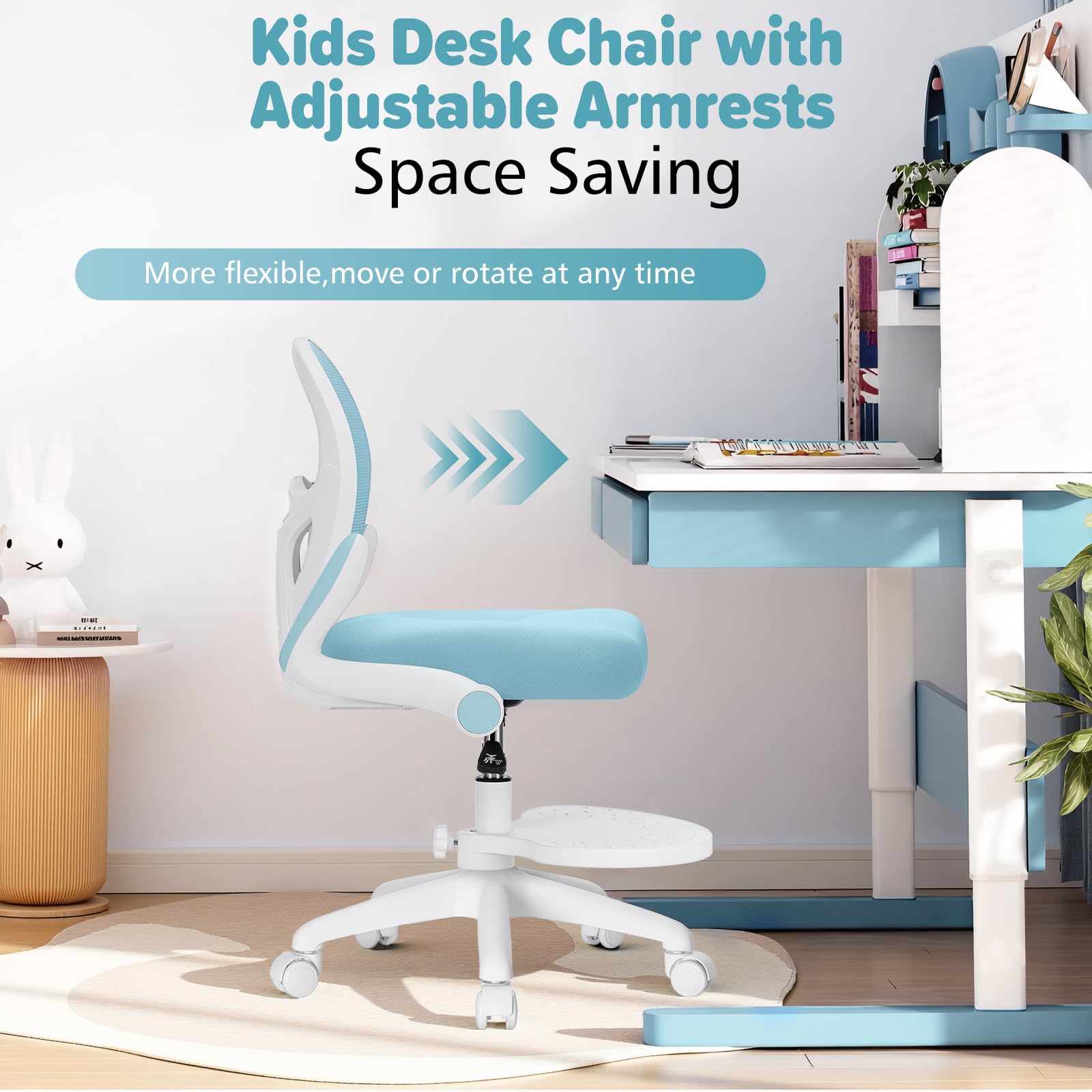 Kids Desk Chair Ergonomic Study Chair with Flipped Armrest and Footrest Adjustable Height Swivel Kids Computer Chair Mesh Desk Chair for Boys Girls Children at Home Bedroom Study Room Blue