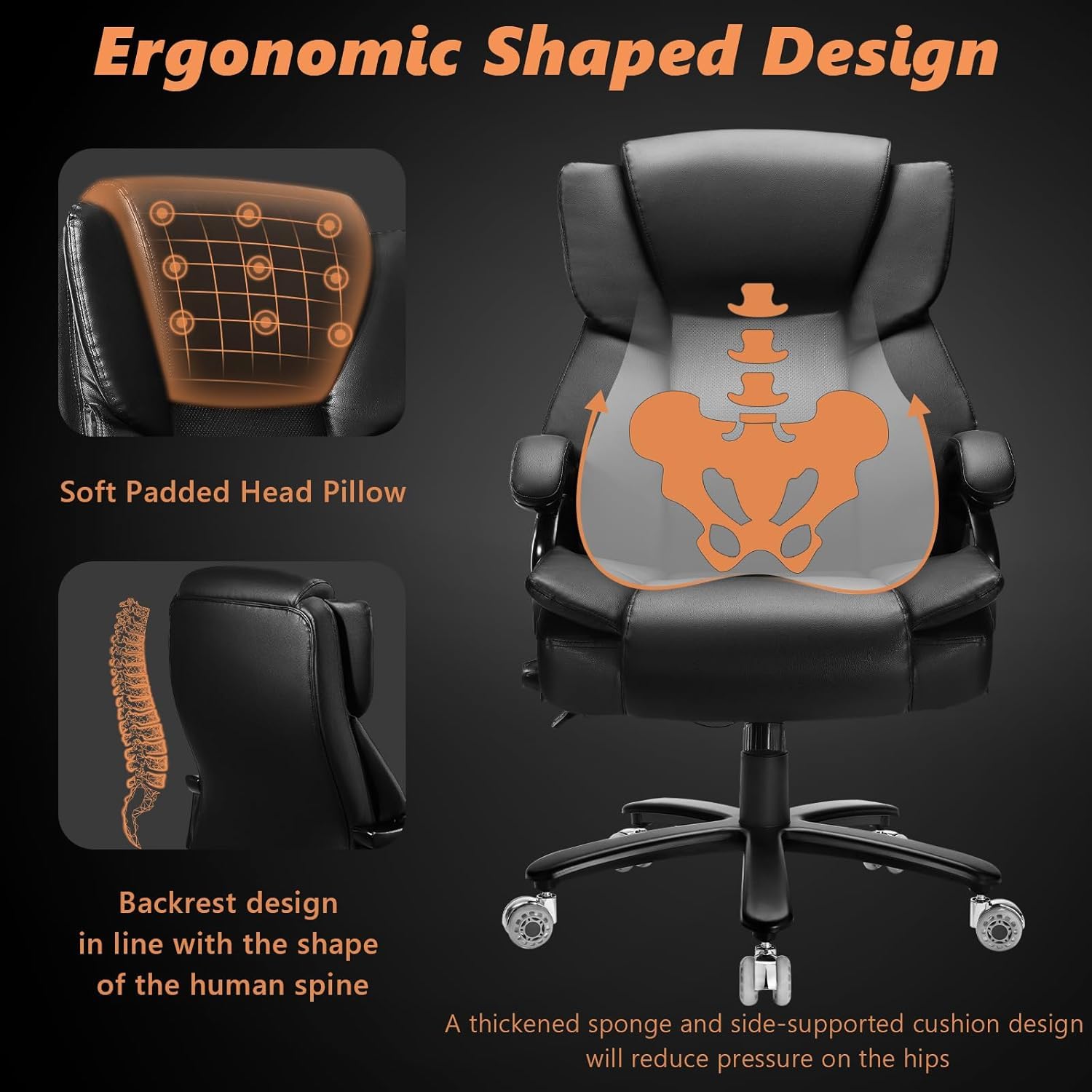 500lbs Big and Tall Office Chair with Gel Seat Cushion,Heavy Duty Office Chair for Heavy People, High Back Executive Computer Chair with Adjustable Lumbar Support, Dual Rubber Wheel