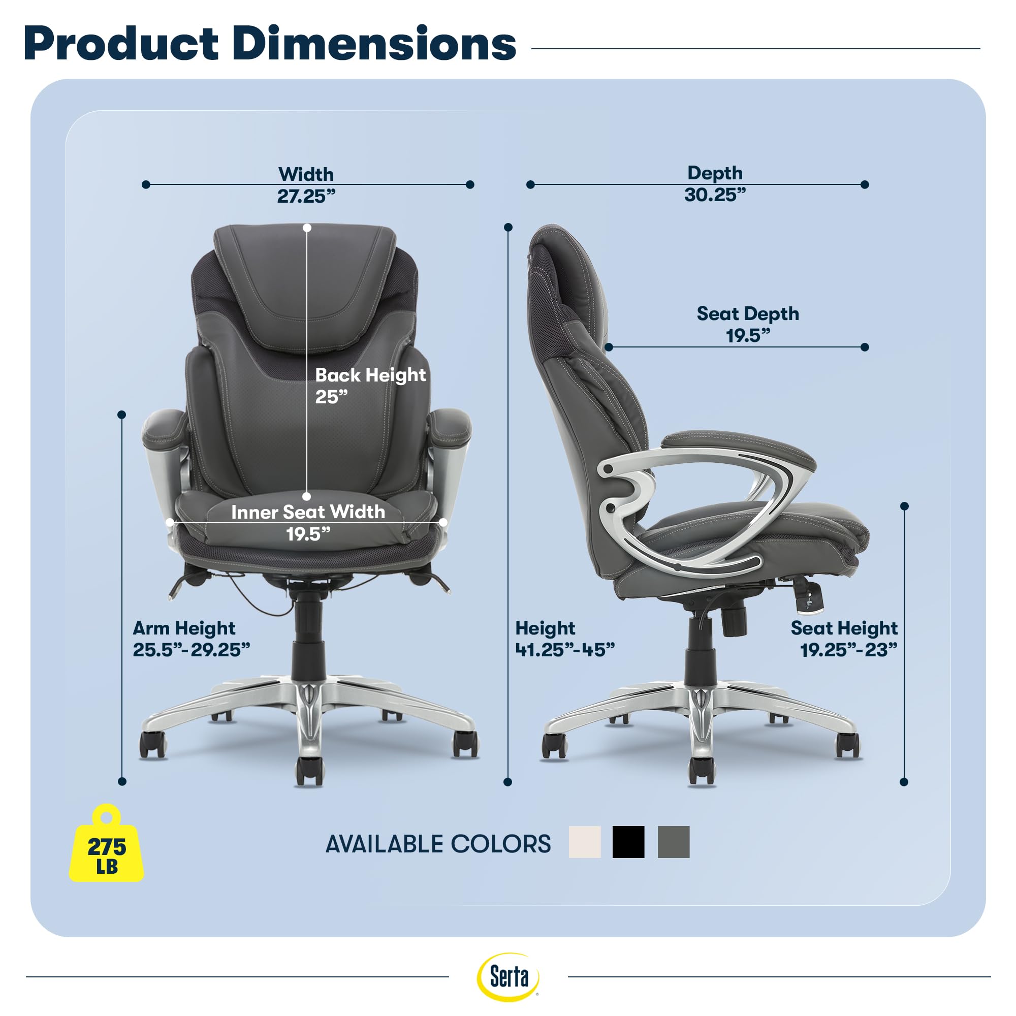 Executive Office Chair - Ergonomic Computer Desk Chair with Patented AIR Lumbar Technology - Adjustable Height - Memory Foam Body Pillows - 360° Swivel Rolling Base - Bonded Leather - Gray