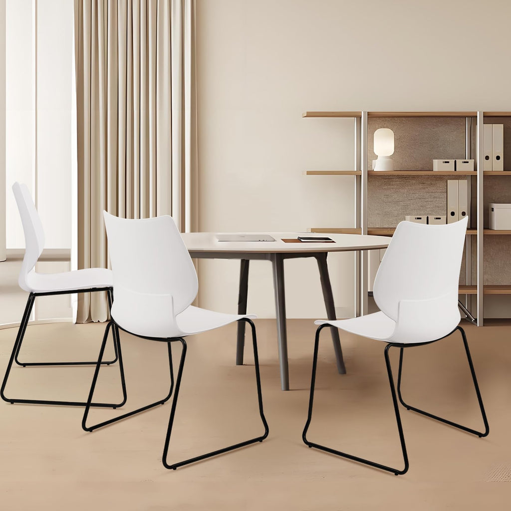 Set of 8, White, Stackable Waiting Room Chair, Stacking Office Chair with Ergonomic Lumbar Support and Metal Legs, Plastic Desk Chairs for Conference School Church Guest Reception