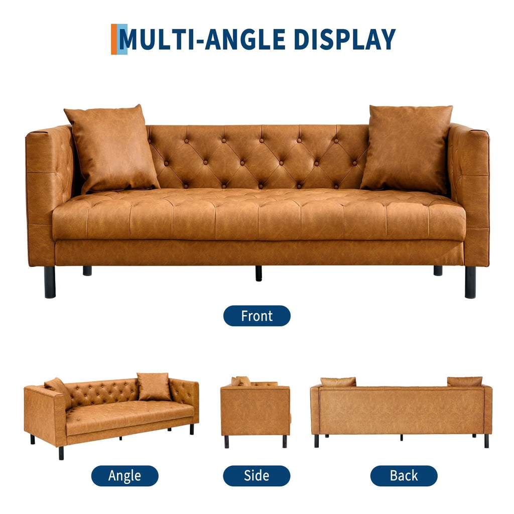 81" Leather Couch for Living Room, Chesterfield Sofa with Deep Seat, Handmade Button Tufted 3 Seater Sofa, Modern Leather Sofa for Apartment, or Office, Cognac Tan