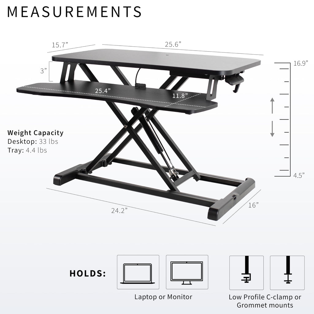 26 inch Desk Converter, K Series, Height Adjustable Sit to Stand Riser, Dual Monitor and Laptop Workstation with Keyboard Tray, Black, DESK-V026KB