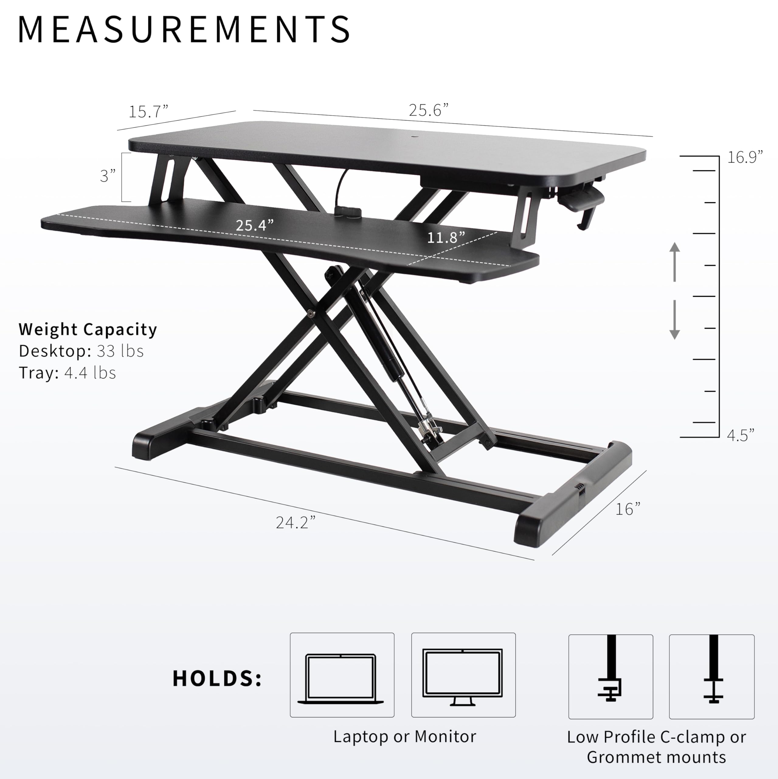 26 inch Desk Converter, K Series, Height Adjustable Sit to Stand Riser, Dual Monitor and Laptop Workstation with Keyboard Tray, Black, DESK-V026KB