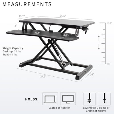 26 inch Desk Converter, K Series, Height Adjustable Sit to Stand Riser, Dual Monitor and Laptop Workstation with Keyboard Tray, Black, DESK-V026KB