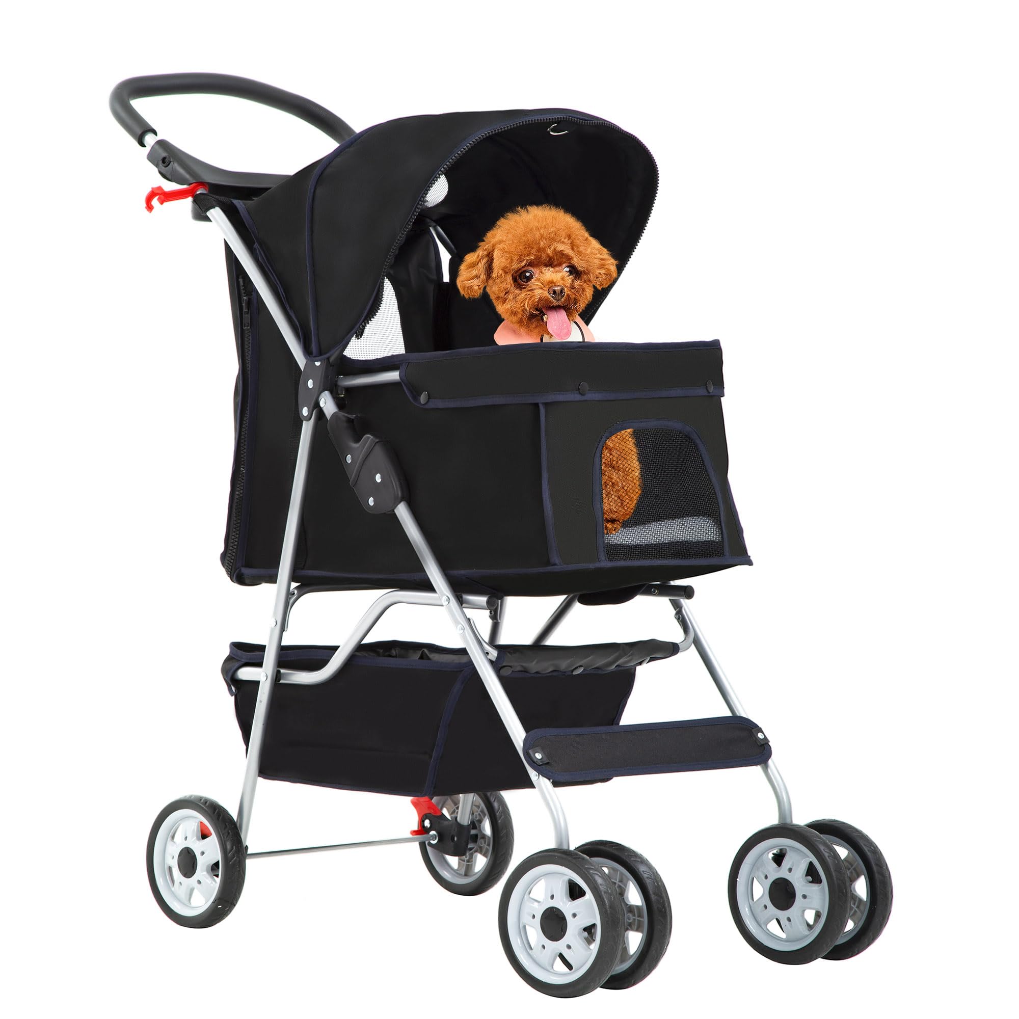 Pet Stroller 4-Wheel Dog Cat Stroller Travel Folding Carrier with Cup Holder and Removable Liner for Small Medium Dogs Cats, Dark Black