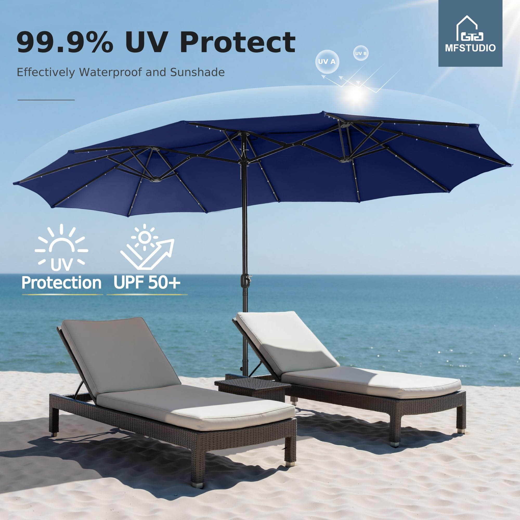 15ft Double Sided Patio Umbrella with Solar Lights, Outdoor Large Umbrellas with Crank Handle and 36 LED Lights, Rectangular Market Umbrella with Base Included for Deck Pool Shade, Navy Blue