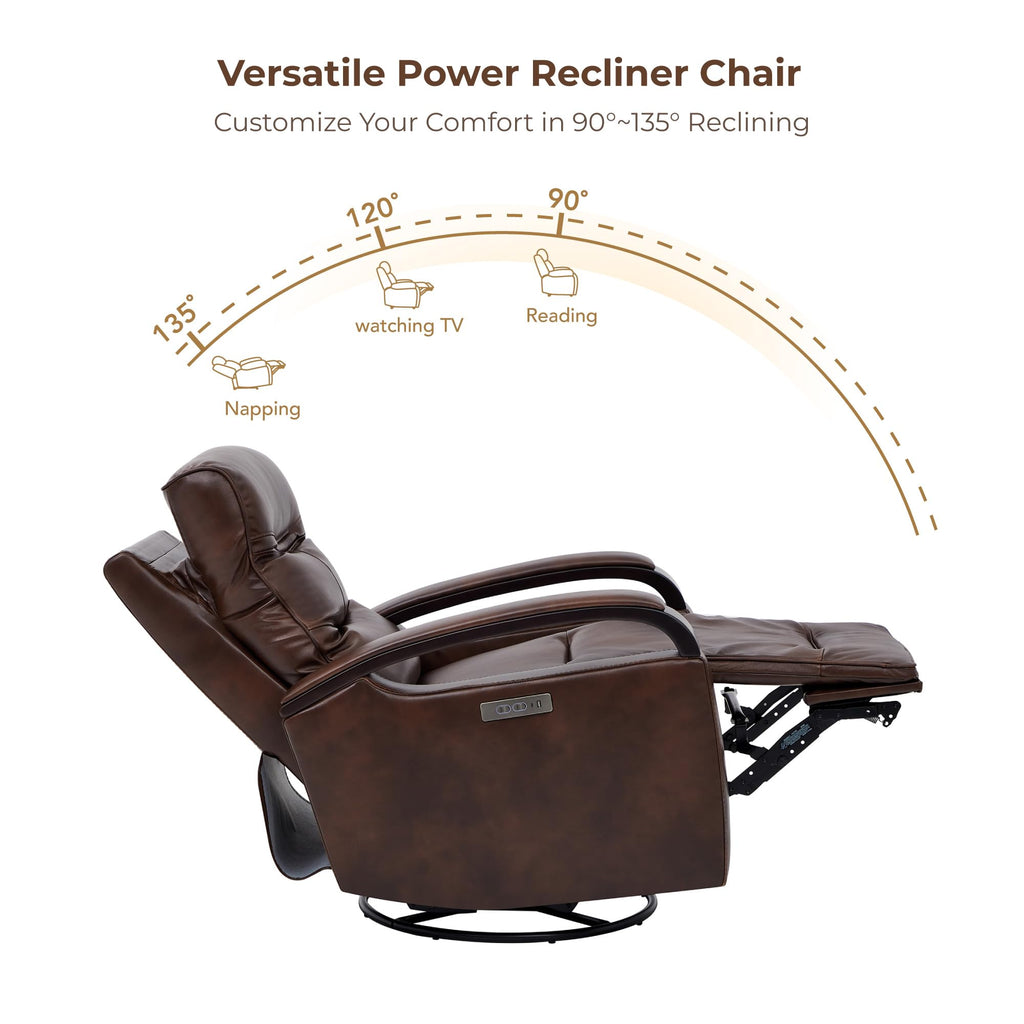 Genuine Leather Power Swivel Glider Rocker Recliner, FSC Certified Mid Century Modern Recliner Chair for Adults, Adjustable Power Headrest, for Nursery and Living Room, Cognac Brown
