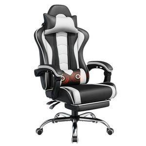 Gaming Chair with Electric Massage Lumbar Support, Footrest & Headrest — Ergonomic High Back Recliner for Home Office, Computer Desk Chair, Height Adjustable, 300 lbs, Black/White