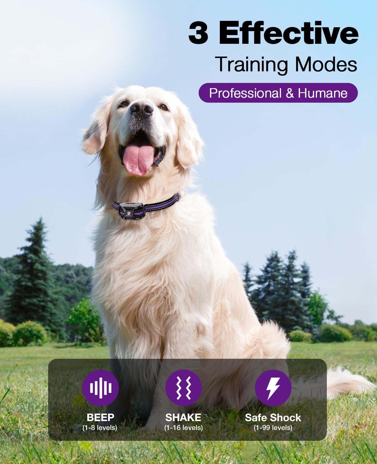 Dog Shock Collar - 3300Ft Training Collar with Remote for 5-120lbs Small Medium Large Dogs Rechargeable Waterproof e Collar with Beep (1-8), Shake(1-16), Safe Shock(1-99) Modes (Lightpurple)
