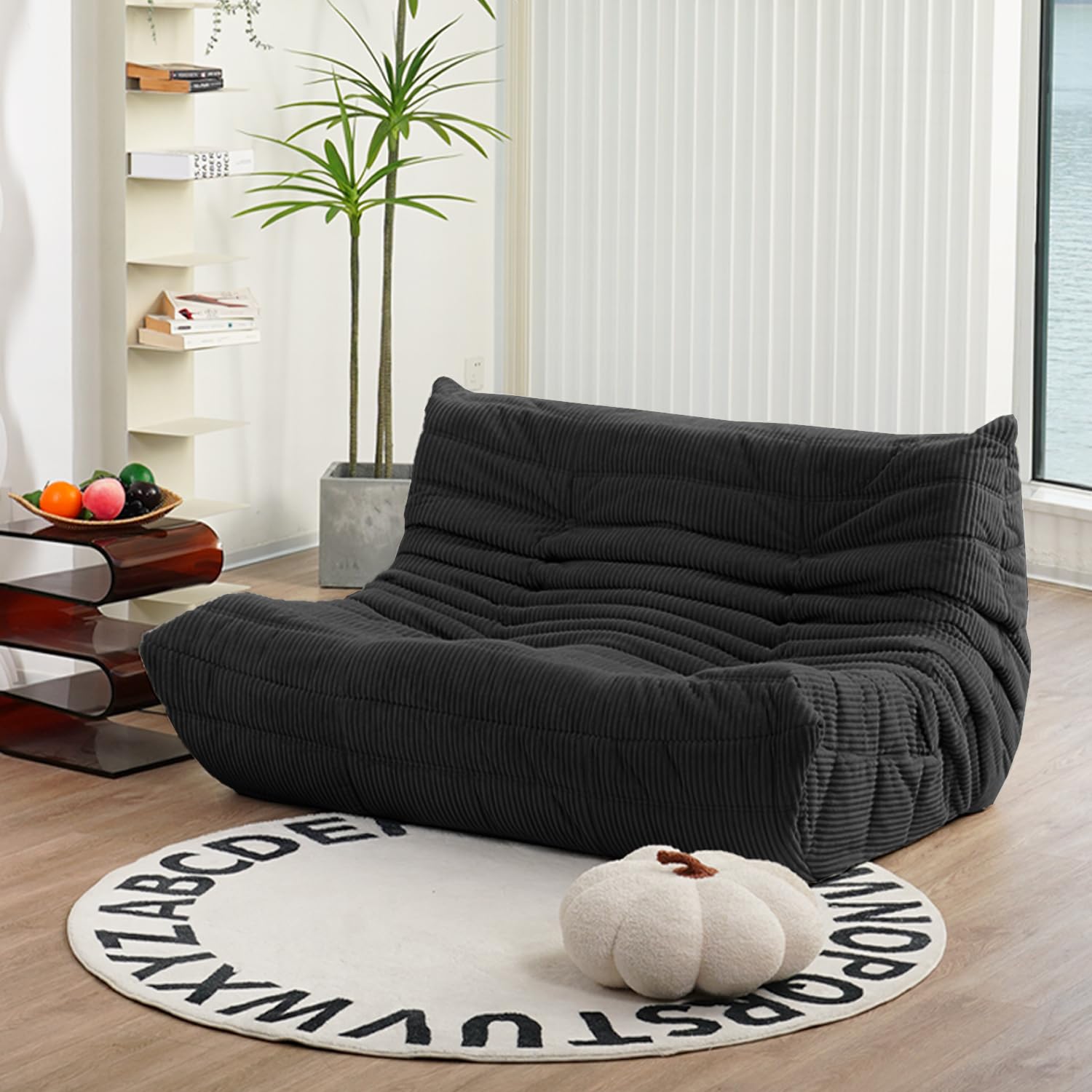 Loveseat, Mid Century Armless Twin Size Floor Sofa, Soft Premium Corduroy Floor Lounge Chair, Foam Sofa Accent Chair for Living Room Bedroom and Office, Black
