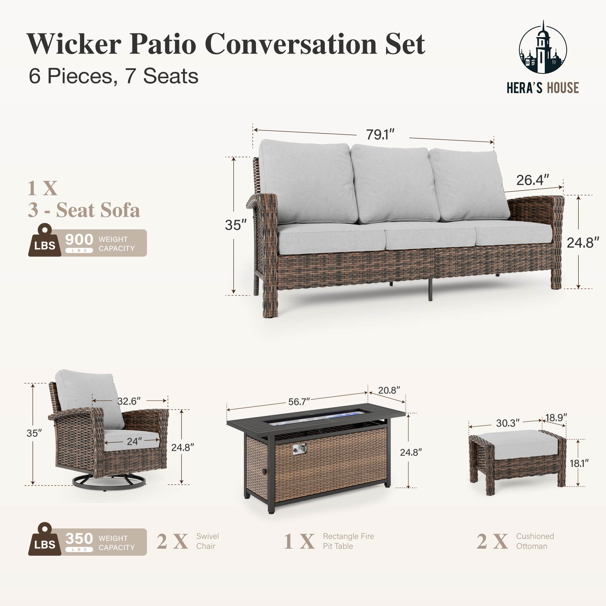 Grey Patio Furniture Set, High Back Wicker Sofa, Swivel Chairs with 5.5" Thick Cushions, 6-Piece Outdoor Seating Conversation Sets with Fire Pit Table & Ottomans for Deck Yard Garden