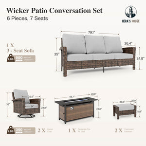 Grey Patio Furniture Set, High Back Wicker Sofa, Swivel Chairs with 5.5