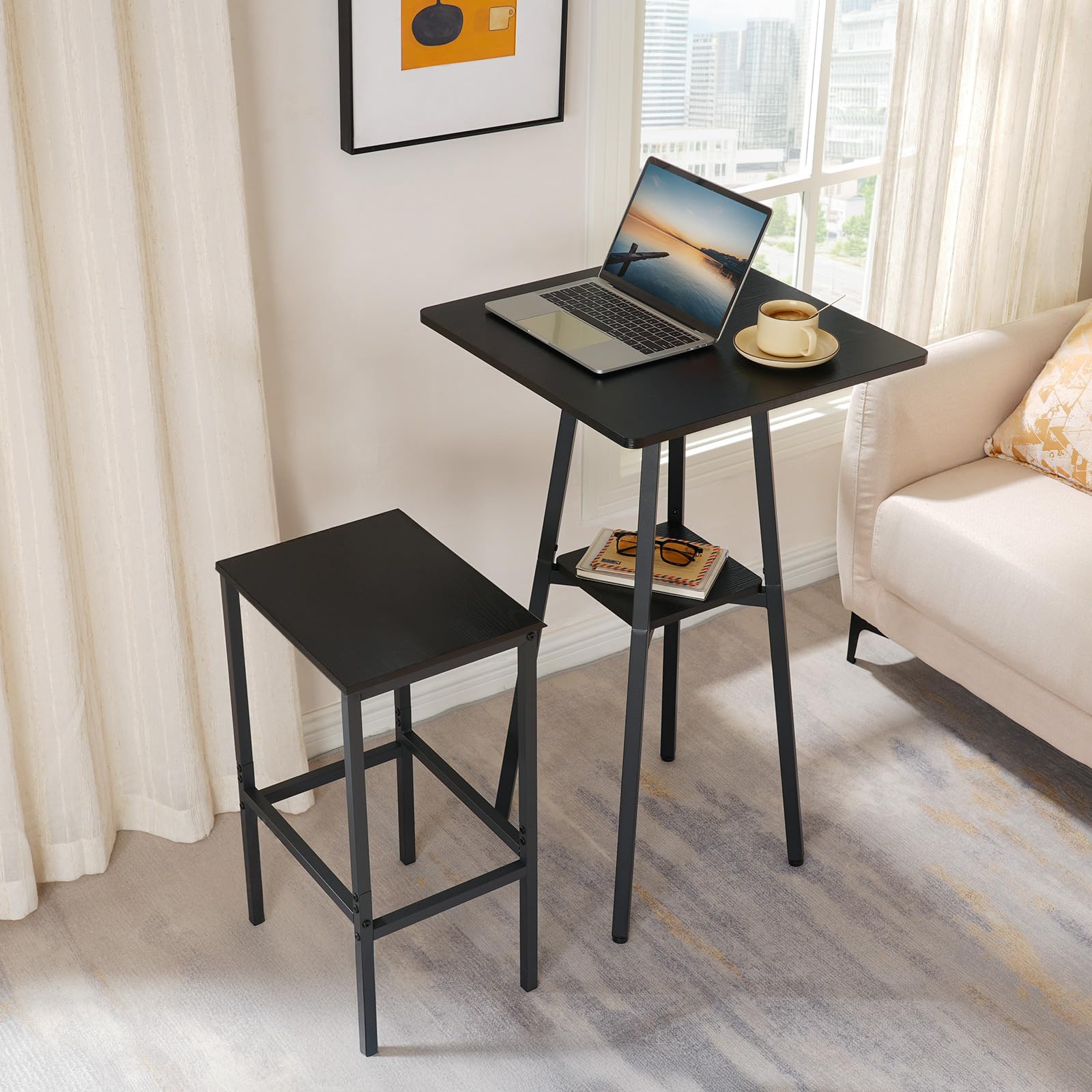 Bar Table, 2-Tier High Top Pub Table, Counter Height Table with Storage, Small Kitchen Dining Table, 36.6" High Bar Table for Living Room Party, Easy to Assemble, Black