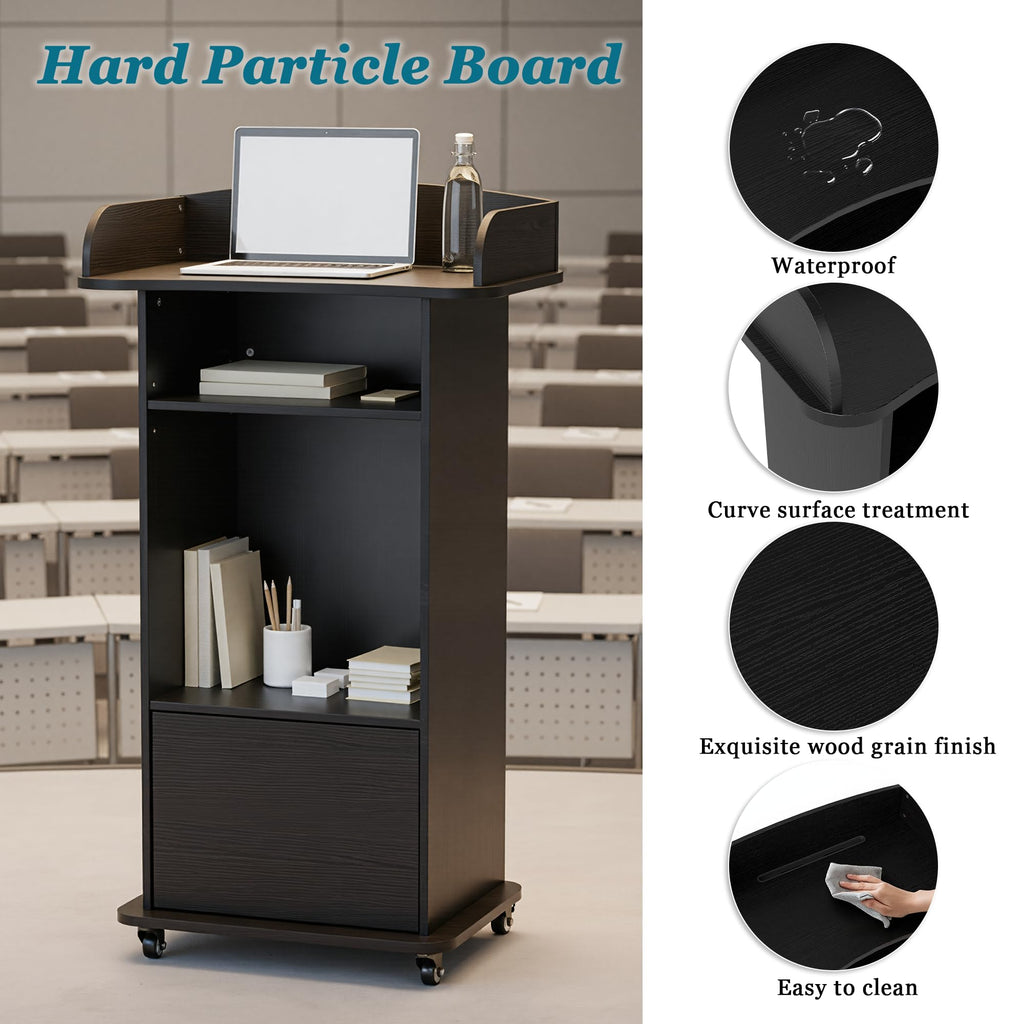 Podium Stand with Metal Wheels Wooden Lectern Podium Stand Portable Pulpit Standing with Storage Mobile Reception Podiums Desk for Church Office School Conference Restaurant Meeting, Black