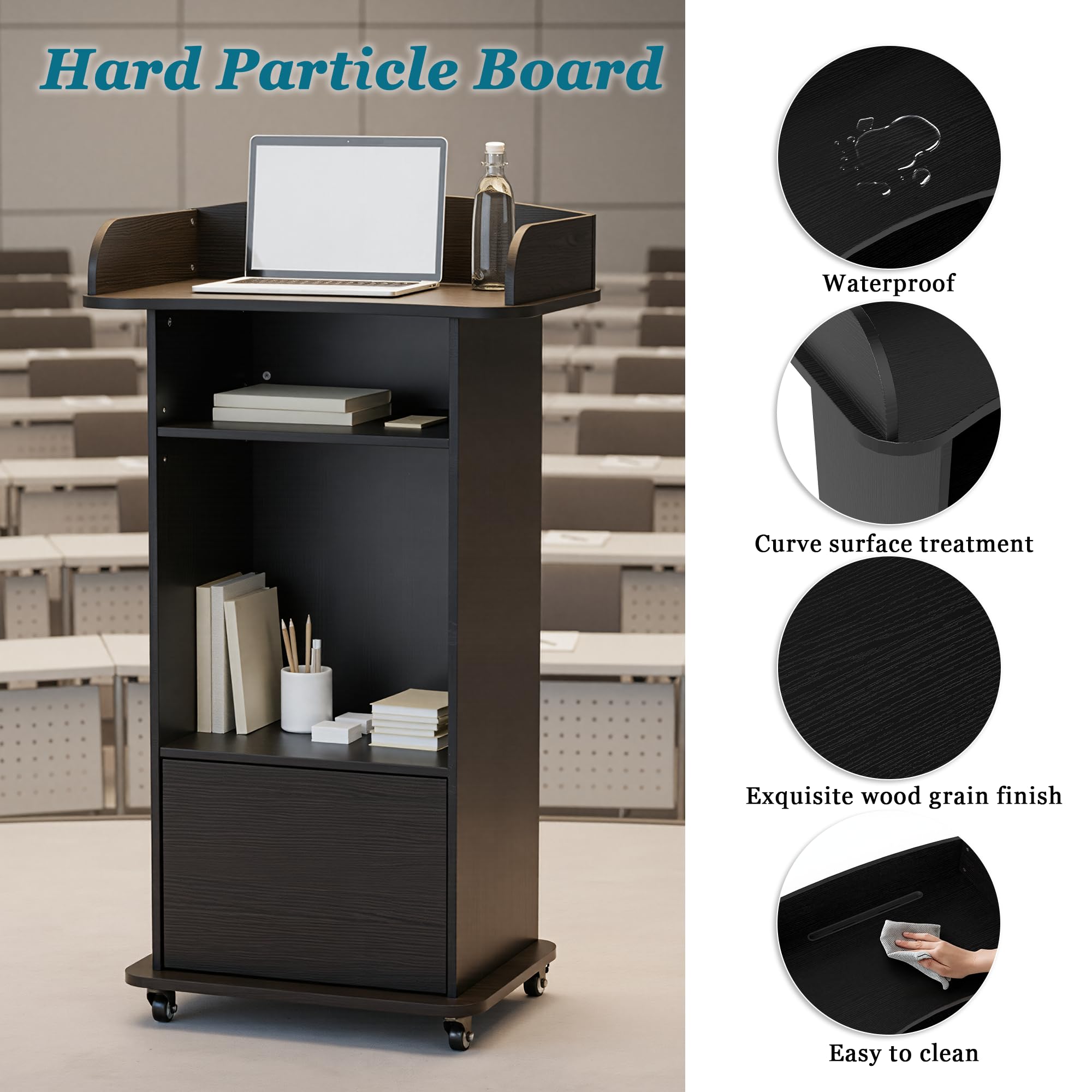 Podium Stand with Metal Wheels Wooden Lectern Podium Stand Portable Pulpit Standing with Storage Mobile Reception Podiums Desk for Church Office School Conference Restaurant Meeting, Black