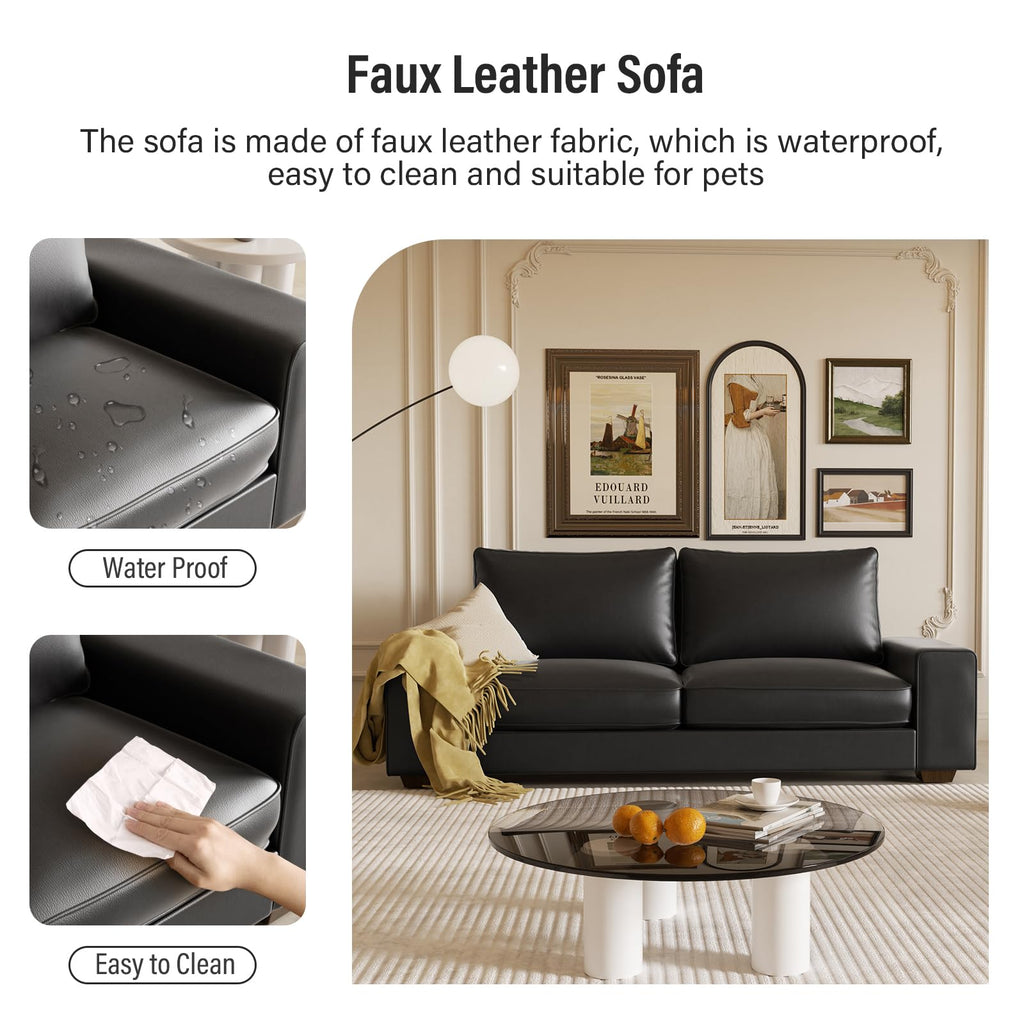 Faux Leather Couch, Mid Century Modern Comfy Loveseat Sofa with Wide Arm, Side Pockets, Solid Wooden Frame for Office, Living Room and Bedroom, 3 Seater (Black, 88.58 inches)