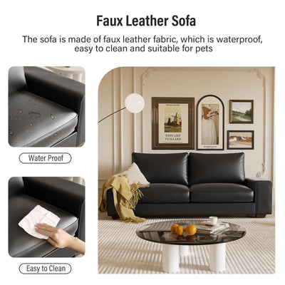 Faux Leather Couch, Mid Century Modern Comfy Loveseat Sofa with Wide Arm, Side Pockets, Solid Wooden Frame for Office, Living Room and Bedroom, 3 Seater (Black, 88.58 inches)