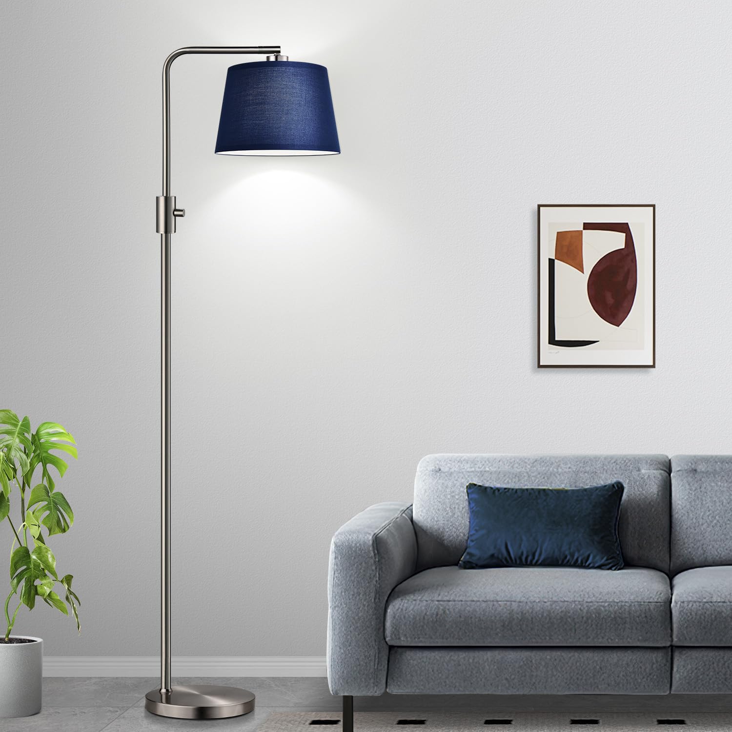 Dimmable Floor Lamp, 1000 Lumens LED Edison Bulb Included, Brushed Nickel Arc Standing Tall Floor Lamp with Blue Shade for Living Room Bedroom Office Dining Room