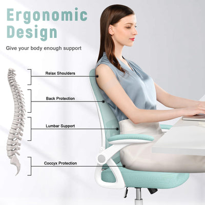 Ergonomic Office Chair, Computer Chair with Adjustable Height, Flip-Up Arms and Lumbar Support, Breathable Mesh Desk Chair for Home Study Working (Without Headrest, Green)