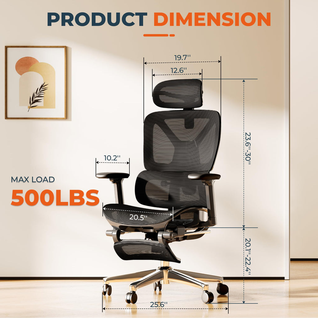 Big and Tall Ergonomic Office Chair Swivel Computer Chairs Desk Chair with 2D Dynamic Lumbar Support/Footrest/3D Headrest/Heavy Duty Metal Base, Mesh Seat Cushion, ErgoChair Ultra, Black