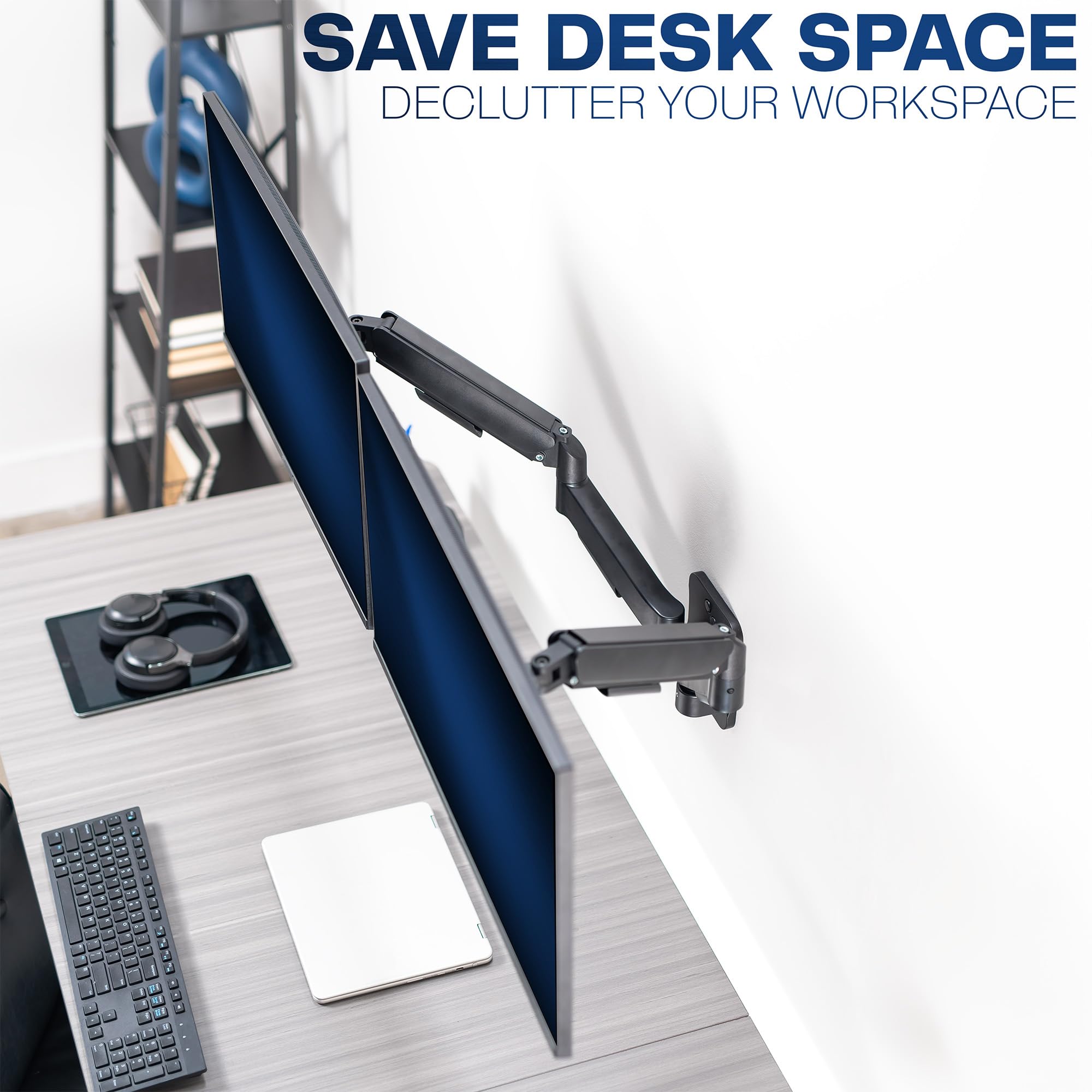 Height Adjustable Pneumatic Extended Arm Dual Monitor Wall Mount Full Motion Articulating, Fits 2 Screens 17 to 27 inches, Black, MOUNT-V002G