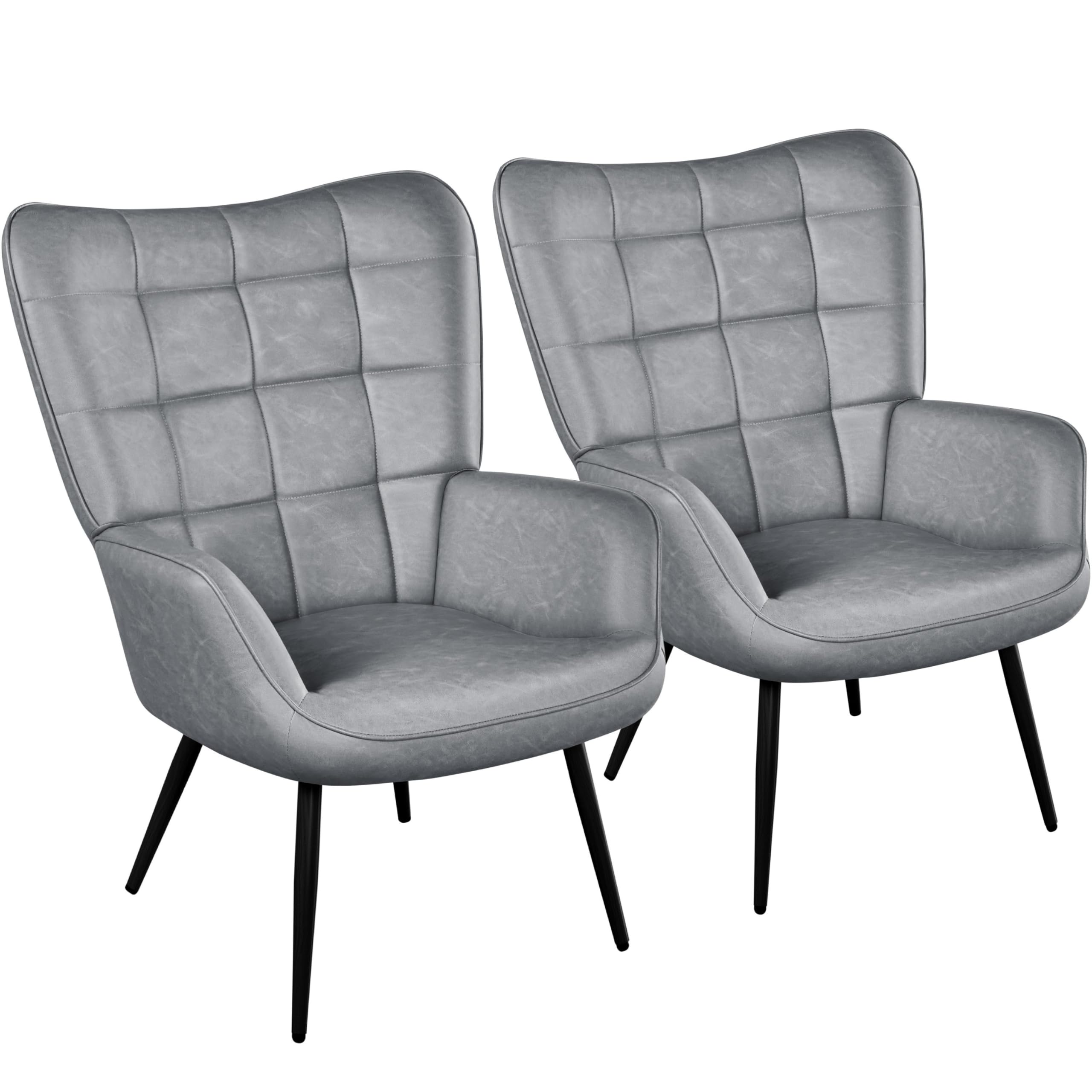 Accent Chairs, Large PU Leather High-Back Chair w/Metal Legs, Pottery Barn Style Living Room Chairs for Bedroom/Home Office, Gray, Set of 2