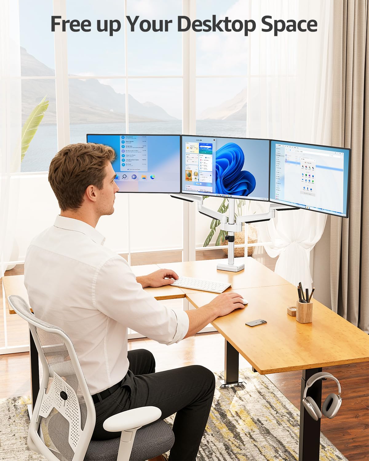Triple Monitor Stand Mount - 3 Monitors Desk Mount for Computer Screens Up to 27 inch, Triple Monitor Arm, Heavy Duty Monitors Stand, Each Arm Holds 4.4-19.8 lbs, White