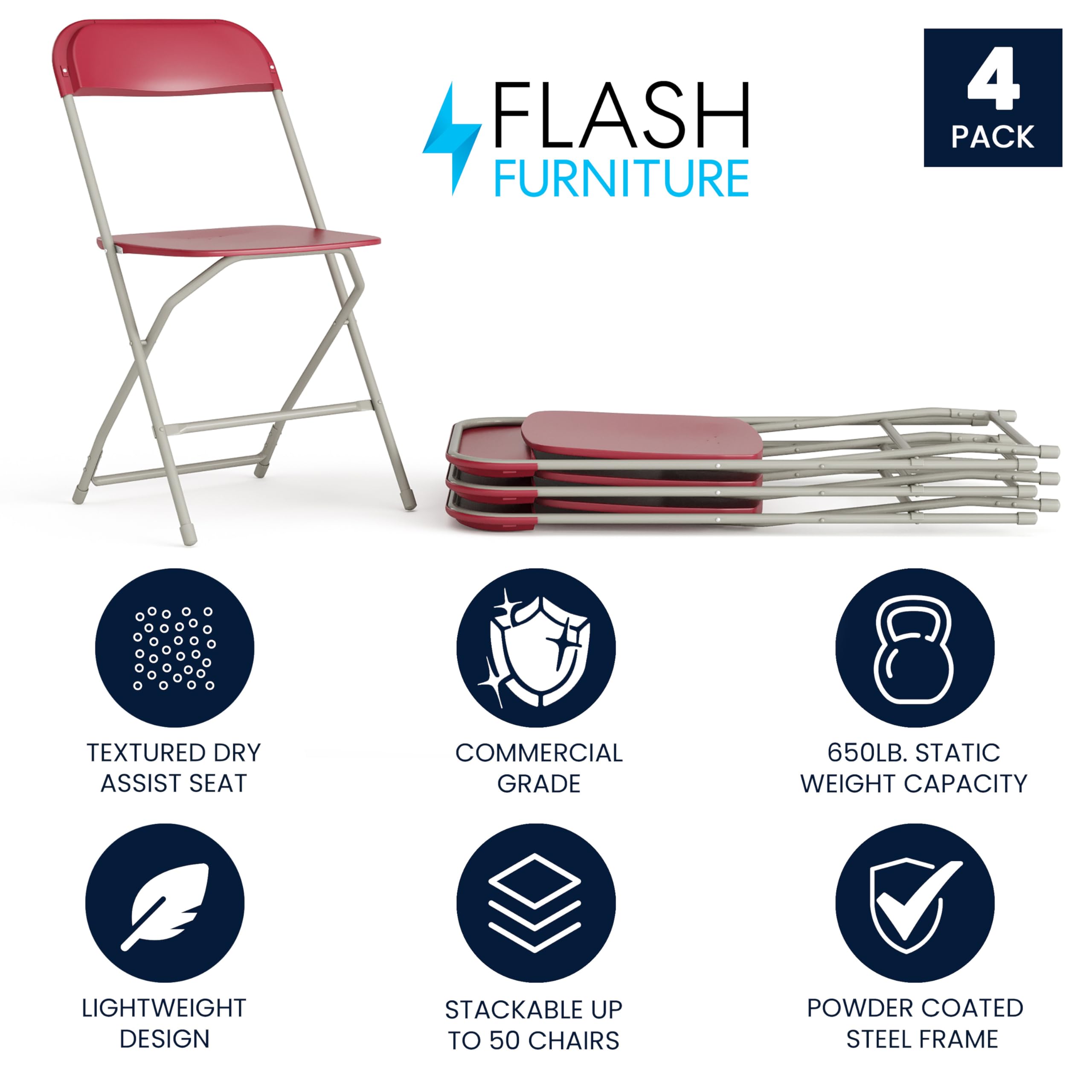 4 Pack Hercules Series Plastic Folding Chair - Red - 650LB Weight Capacity Comfortable Event Chair-Lightweight Folding Chair